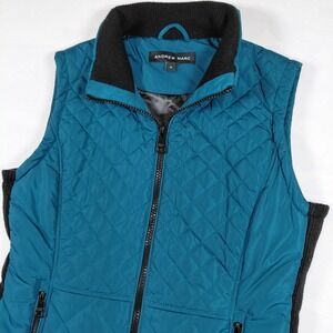 Andrew Marc Quilted Vest Teal‎ Black Knit Side Full Zip Pockets Women M